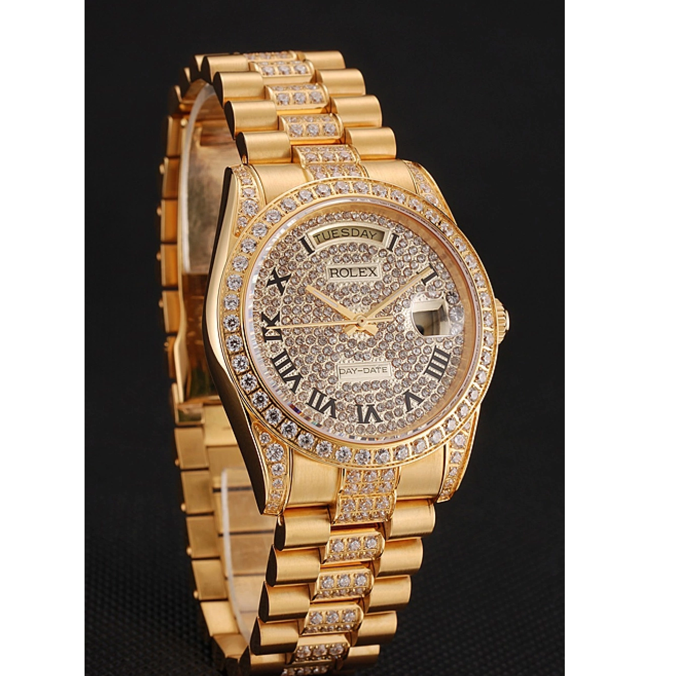 Best AAA Replica Sites Day-Date Pave Dial Swiss Diamond 1453956 Bracelet Diamond Rolex Gold 0605